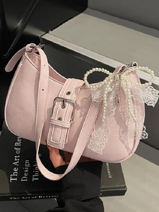 Vintage Synthetic Leather Underarm Bag For Women Trendy Shoulder Handbag With Lace Artificial Pearl Bow Pendant Casual Commuter Bag