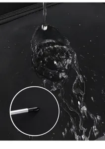Macro shot showing water-repellent droplets and scratch-resistant surface of the black bag