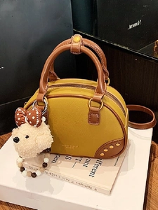 Vintage Women Synthetic Leather Pillow Bag Rivet Small Boston Handbag Fashion Color Block Shoulder Crossbody Bag With Bear Charm