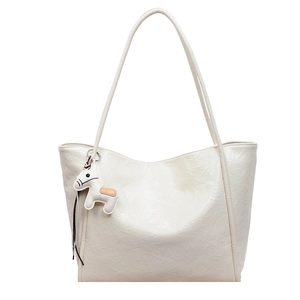 White pleated leather shoulder tote bag with a horse charm for women's fashion