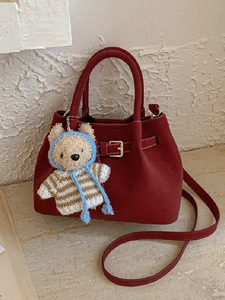 Women Retro Synthetic Leather Shoulder Bag Small Crossbody Bucket Bag With Bear Pendant Minimalist Fashion Handbag For Daily