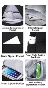Detail view of the multi-pocket interior layout and waterproof wet-dry bag of this backpack
