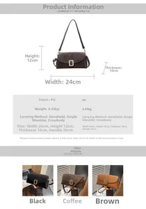 Détails des dimensions du sac PU 24x12x10cm et présentation des trois coloris disponibles