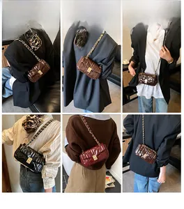 Quilted crossbody chain bag shown on models in dark brown, burgundy, and black variants