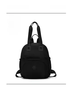 Front view of large capacity black nylon backpack with double handles and side pockets