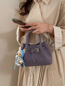 Elegant purple PU leather mini handbag with gold buckle and cute brown bear pendant charm