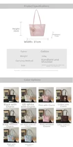 Detailed size chart and multi-color options for large capacity canvas tote bag
