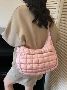 Chic pink quilted puffer dumpling bag for women, stylish crossbody hobo shoulder tote