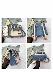 Detail view of denim and leather patchwork backpack with bow accents from four angles