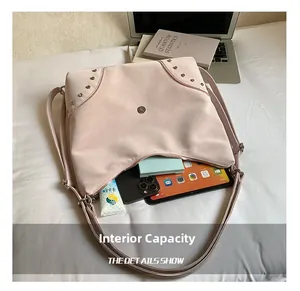 Pink PU leather tote bag with rivets showing large capacity storage for iPad and phone