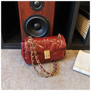 Detailed macro view of dark red quilted leather and golden metal clasp on the flap bag
