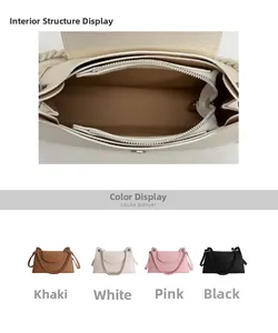 Detail showing inner compartments and four color options for the women's crossbody bag