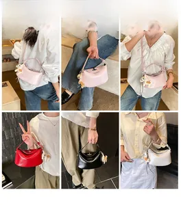 Detailed views of women's saddle handbag in pink, red, black, and white colors