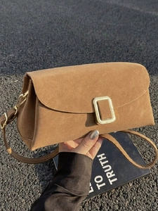 Sac à Épaule Vintage en Suède Synthétique pour Femmes Boucle Dorée Sacoche Bandoulière Carrée Minimaliste Fourre-Tout