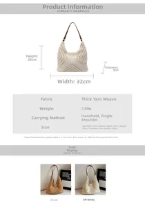 Size chart showing 32x22x8cm dimensions for the hollow knit crochet tote bag
