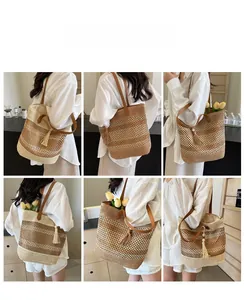Multi-angle collage of a large straw tote bag with tassels and shoulder strap