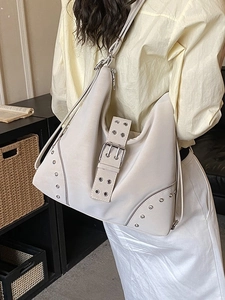 Beige suede Hobo tote bag with silver studs and large buckle details for women