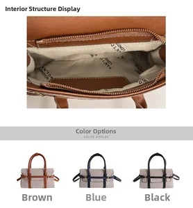 Vista dei dettagli delle cuciture in tela e pelle e design a scomparti della borsa