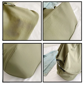 Vues détaillées du sac en nylon vert herbe montrant la texture et les boucles métalliques