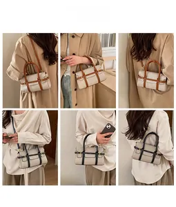Collage modella che indossa borsa a tracolla bicolore in marrone e nero elegante