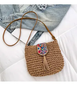 Detail of straw woven bag featuring colorful beadwork and tassels for beach vacations