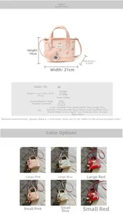 Size specifications and material details for checkered mini tote bags with heart pendants