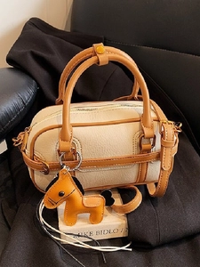Damen Vintage Boston Tasche Kontrastfarbe Litschi Textur Kunstleder Kissentasche Mit Pferdeanhänger Schulter Umhängetasche