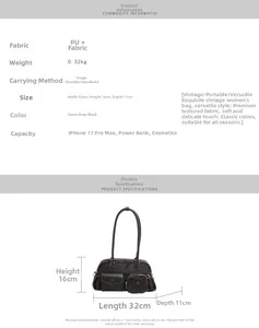 Detailed size chart for retro shoulder bag with large capacity and multi-pocket design