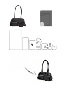 Black nylon shoulder bag showing interior capacity for tablets, phones and accessories