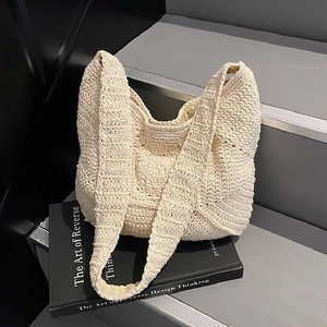 Sac à Épaule Tissé pour Femmes Sac Cabas au Crochet de Grande Capacité Sac Hobo de Vacances à la Plage Fil de Laine Tricoté à la Main Couleur Unie