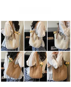 Detail shots of woven tote bag with leather straps in cream and brown color variants