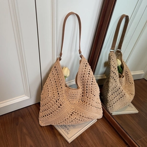 Women Artistic Retro Woven Tote Bag Hollow Out Crochet Shoulder Bag Bohemia Casual Large Capacity Fabric Handbag For Travel Daily
