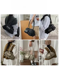 Detail view of stylish multi-pocket canvas hobo bags in black and beige colors