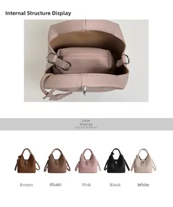 Detail view of lychee leather bucket bag interior structure and five color options