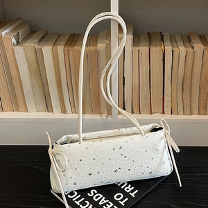 Star Pattern Synthetic Leather Baguette Shoulder Bag For Women Casual Star Print Underarm Bag With Bow Tie Large Capacity Tote