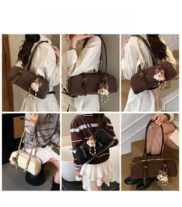 Collage of vintage rectangular baguette bags in brown, beige, and black with bear charms