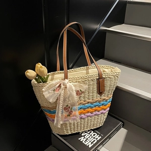 Bohemian Straw Woven Tote Bag Women Summer Beach Vacation Shoulder Bag With Lace Flower Embroidery Ribbon Large Handbag