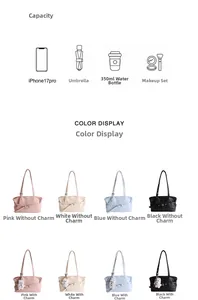 Detailed capacity guide for large tote bag showing phone, umbrella, and color options