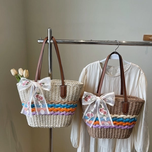 Bohemian straw woven beach tote bags with lace flower bows and brown leather handles