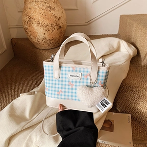 Sweet Gingham Plaid Mini Bucket Bag For Women Bowknot Decor Synthetic Leather Shoulder Crossbody Handbag With Heart Plush Pendant