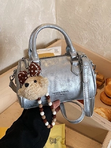 Women Vintage Synthetic Leather Small Boston Bag With Plush Bear Charm Fashion Letter Print Shoulder Crossbody Handbag Daily Purse