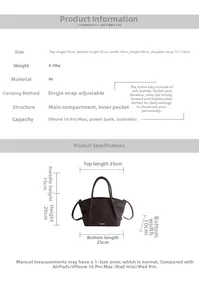 Tableau des tailles avec dimensions et capacité pour le grand sac fourre-tout marron