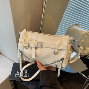 Women Motorcycle Style Bowling Bag Boston Pillow Bag Synthetic Leather Shoulder Crossbody Bag With Zipper Rivets Decor
