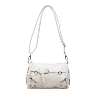 Chic cream white motorcycle style bowling bag with silver hardware and rivets