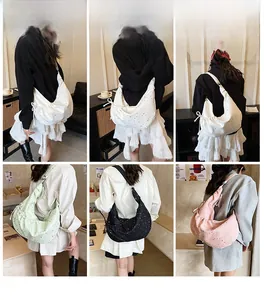 Collage of model carrying a floral print crescent crossbody bag in multiple colors