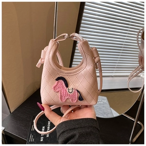 Detail view of pink quilted mini dumpling bag featuring cute horse embroidery and PU leather