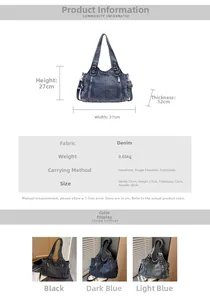 Detailed size specifications and features of the retro denim tote bag with 37x27x12cm dimensions