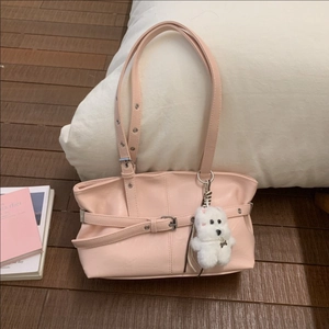 Women Large Capacity Synthetic Leather Shoulder Bag Fashion Simple Commute Tote Bag With Belt Decoration And Plush Dog Charm
