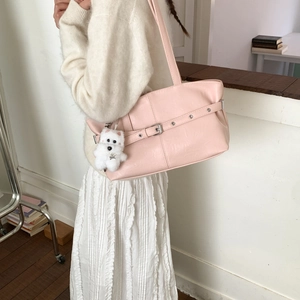 Minimalist large capacity pink leather tote bag with white plush dog charm for women