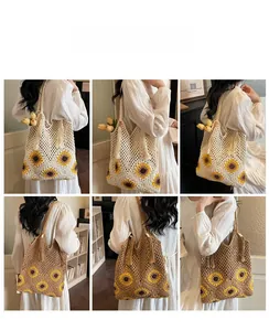 Detail of hand-crocheted tote bag with sunflower pattern and decorative tassel fringe